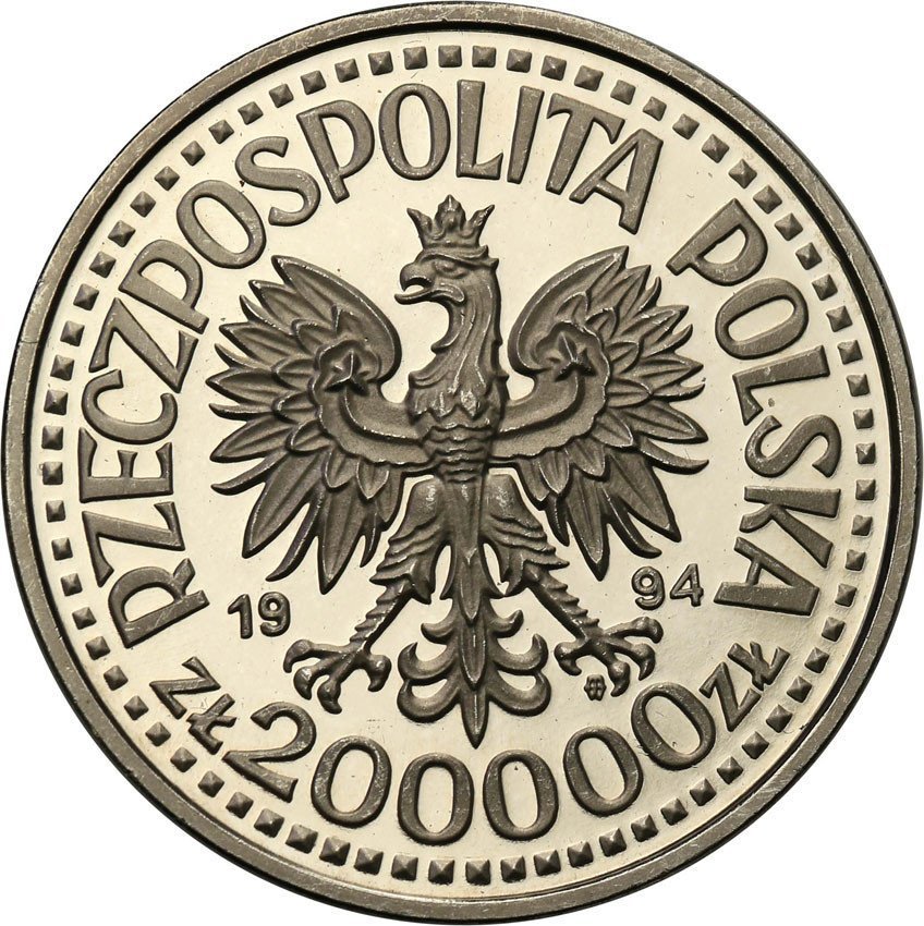 III RP. PRÓBA srebro 200.000 złotych 1994 Zygmunt I Stary, półpostać
